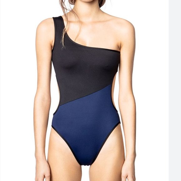 Zadig & Voltaire Colorblock One Shoulder One Piece Swimsuit Black Navy Blue - Picture 1 of 10
